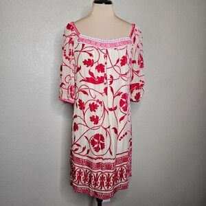 Hale Bob Silk Ivory Red Velvet Floral Sheer Sleeve Square Neck Mini Dress Small